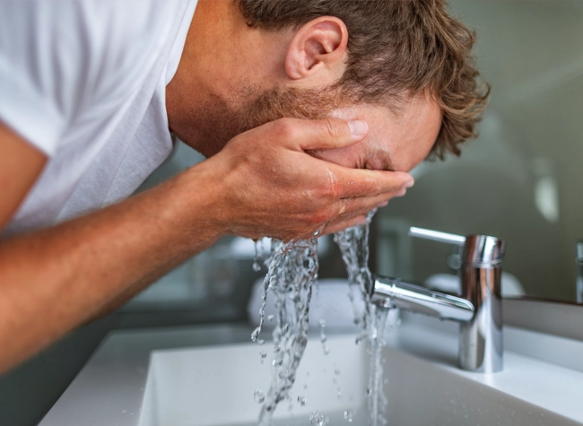 man washing the skincare product from his face